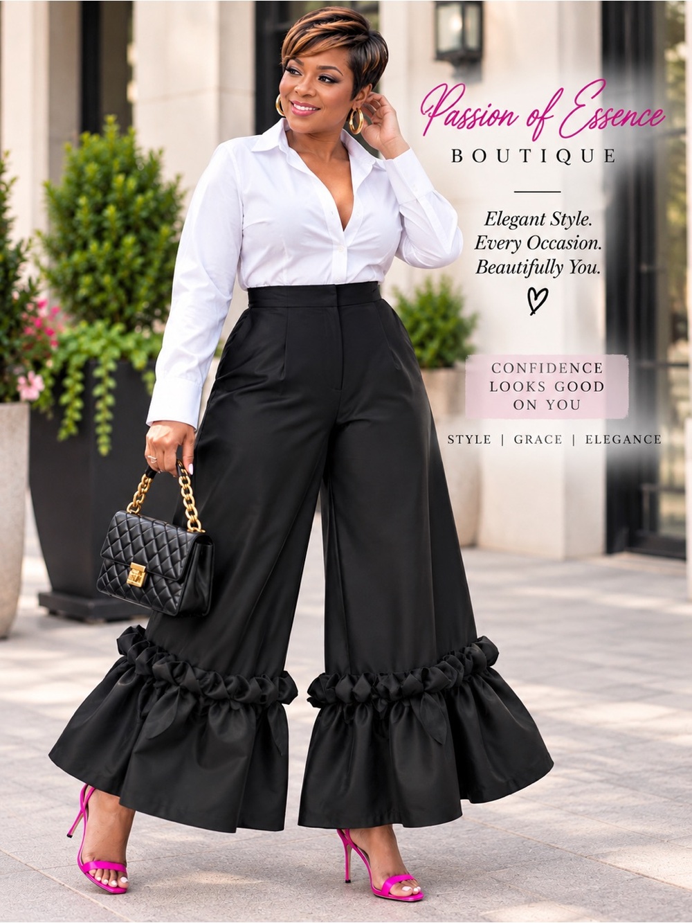Plus Size Black Satin Ruffle Hem Wide Leg Statement Pants 1X 2X 3X
